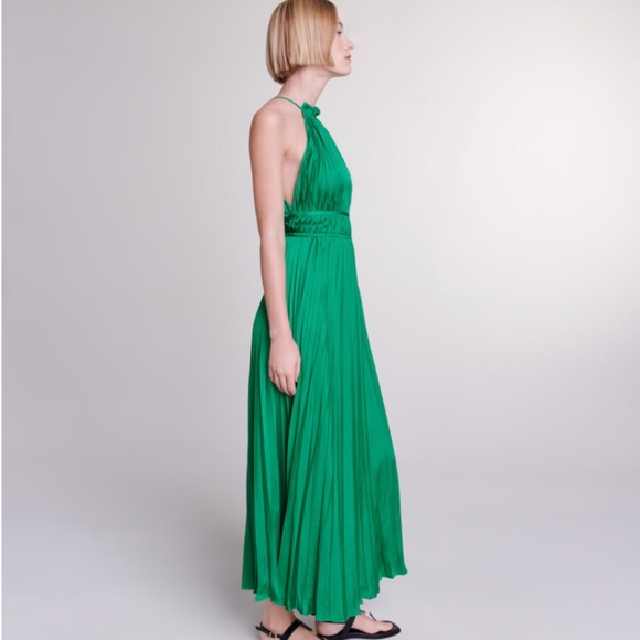 NWT Maje Reilly Green Pleated satin maxi dress halter - Picture 2 of 6